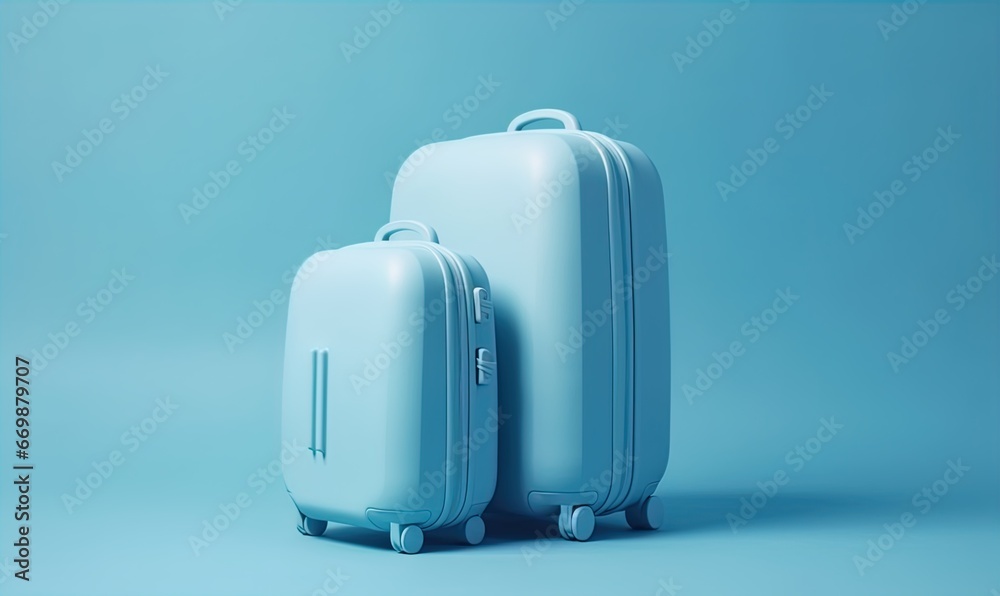 niebieskie walizki na błękitnym tle - obrazy, fototapety, plakaty 