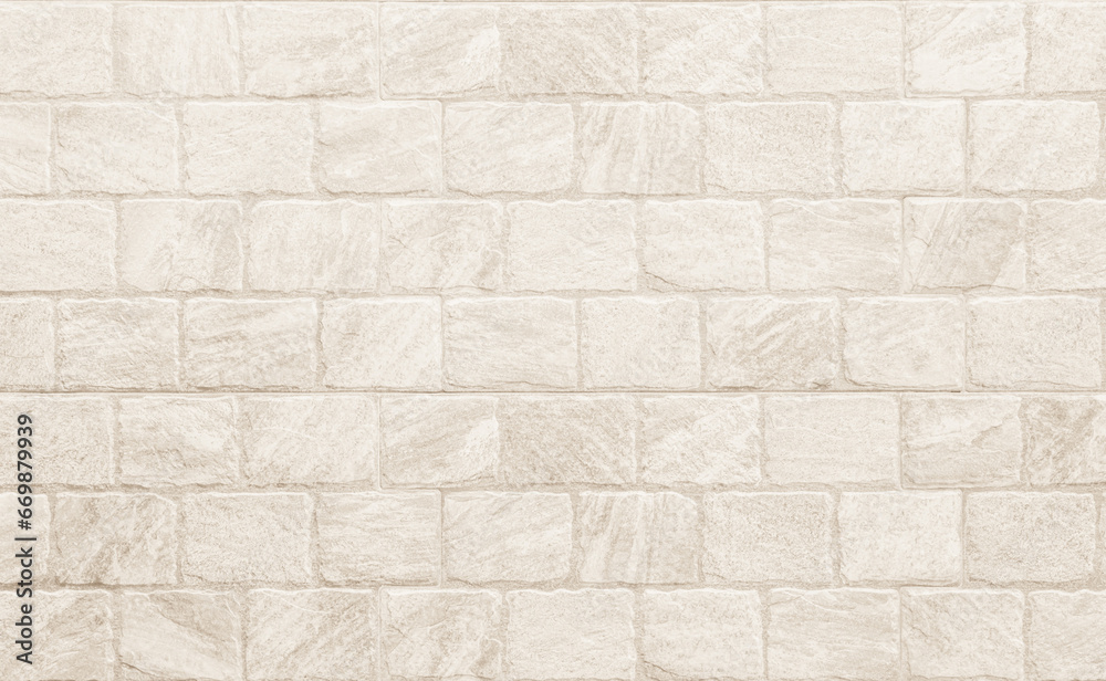 Empty background of wide cream brick wall texture. Beige old brown brick wall concrete or stone textured, wallpaper limestone abstract flooring. Grid uneven interior rock. Home decor design backdrop. - obrazy, fototapety, plakaty 