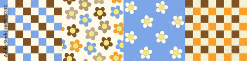 Retro pattern set with checkers and daisies. 60s, 70s style seamless patterns