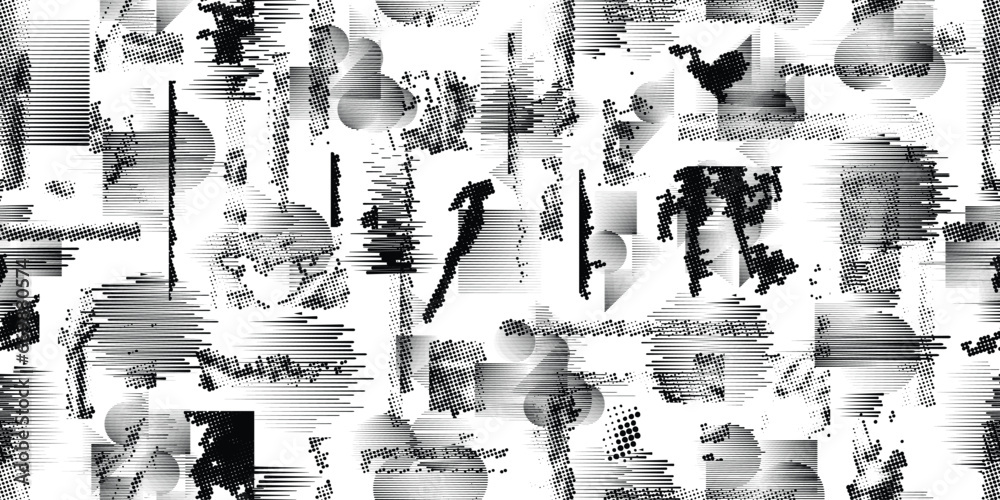 Seamless pattern with speed lines . Fabric pattern with halftone dots, scratches,cracks and repeating black fast lines . Dynamic endless overlay texture with horizontal action lines. Vector Seamless pattern with speed lines . Fabric pattern with halftone dots, scratches,cracks and repeating black fast lines . Dynamic endless overlay texture with horizontal action lines. Vector