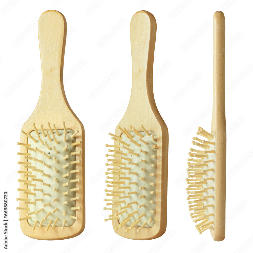 Wooden paddle brush from different sides. Massage hairbrush for adding volume. Hairdressing accessories for styling. Isolated on transparent background Wooden paddle brush from different sides. Massage hairbrush for adding volume. Hairdressing accessories for styling. Isolated on transparent background