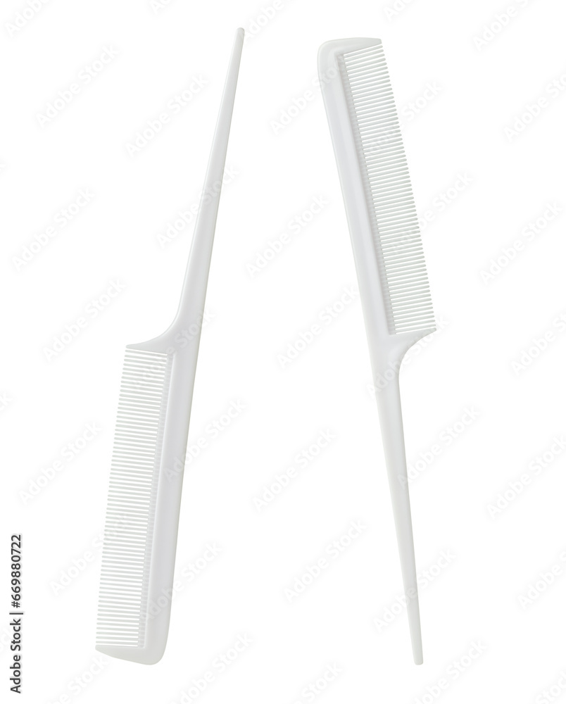 Hair comb with tail. Thin and long handle tip for separating strands. Hairdressing accessories for haircut. Two different sides one object. Isolated on transparent background