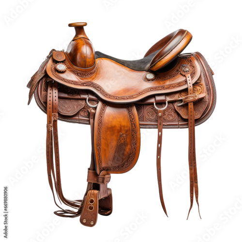 Equestrian Elegance: Realistic Leather Horse Saddle, on transparent background.