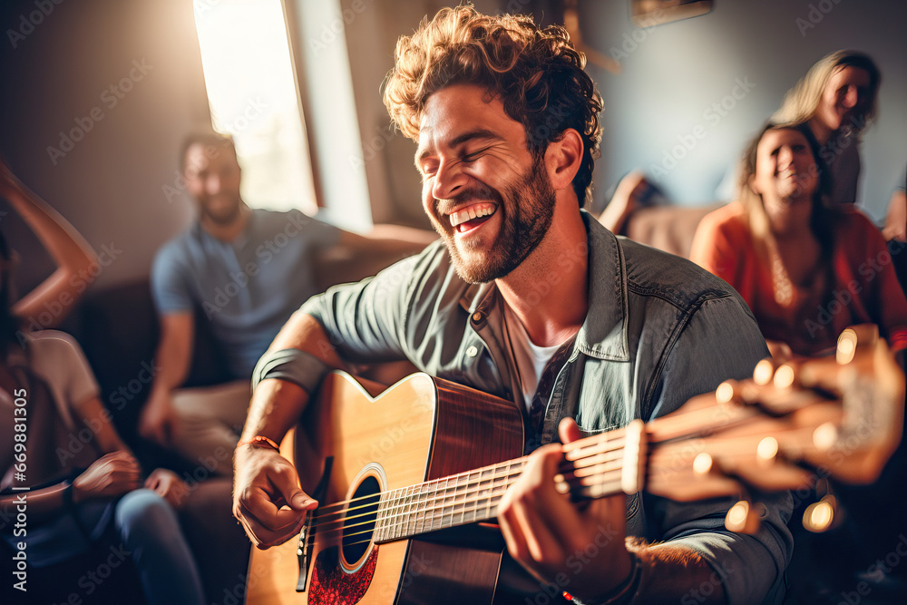 Obraz premium Man playing guitar at home with his friends at a party