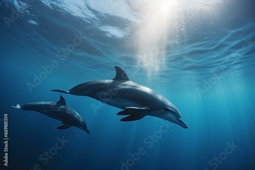 Dolphins swimming in clear  sunlit underwater seascape. Generative AI