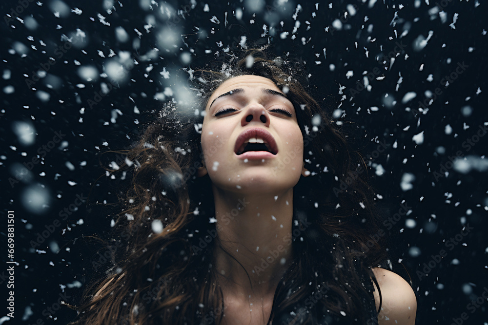 Young girl is outside in cold winter weather with falling snowflakes. Young girl is outside in cold winter weather with falling snowflakes.