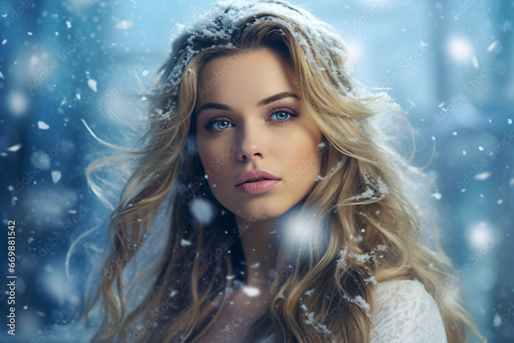 A beautiful young girl is walking outside in the freezing winter weather and we see snow falling in the background.
