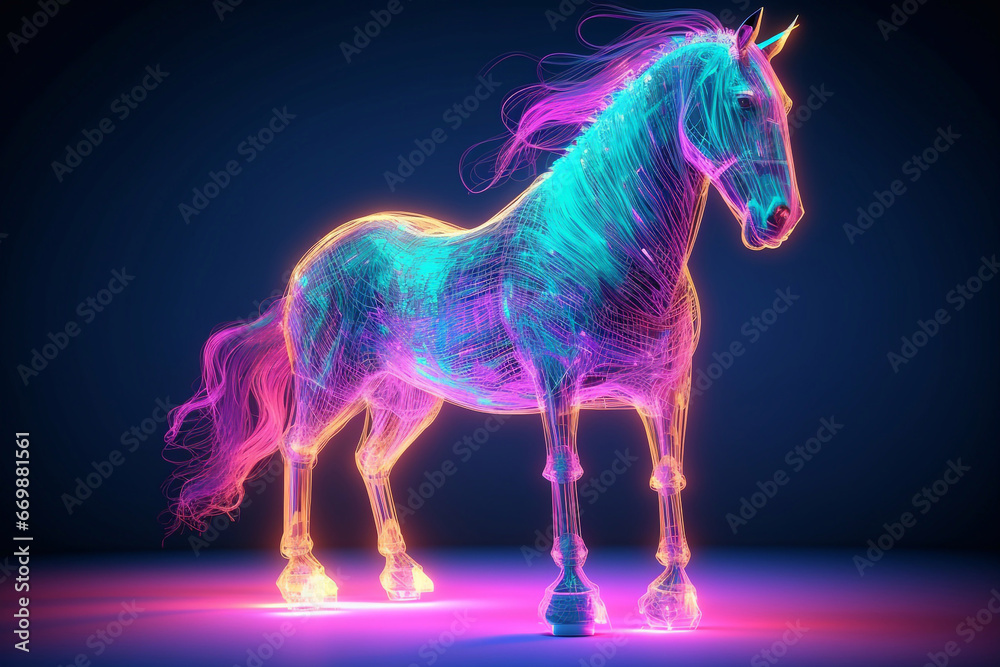 Horse with neon effect. Dynamics of power. Speed of thought.