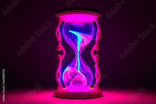 Hourglass with neon lighting. Waste of time. Time lapse.