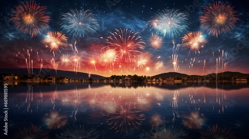 A stunning display of fireworks reflected in the calm waters of a river, creating a breathtaking scene.