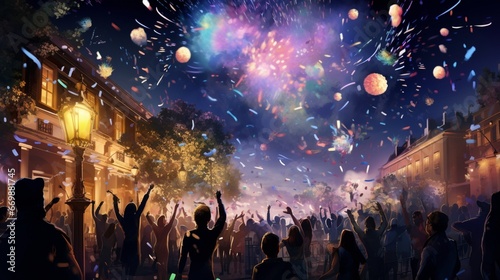 A vibrant new year party unfolds as revelers dance under the night sky.