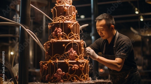 An pastry chef meticulously decorating a towering New Year's cake with edible artistry.