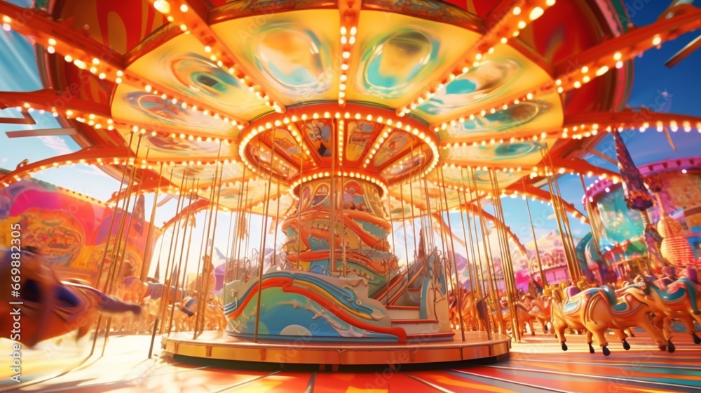 carnival carousel spinning in a kaleidoscope of colors as children laugh and enjoy the ride.