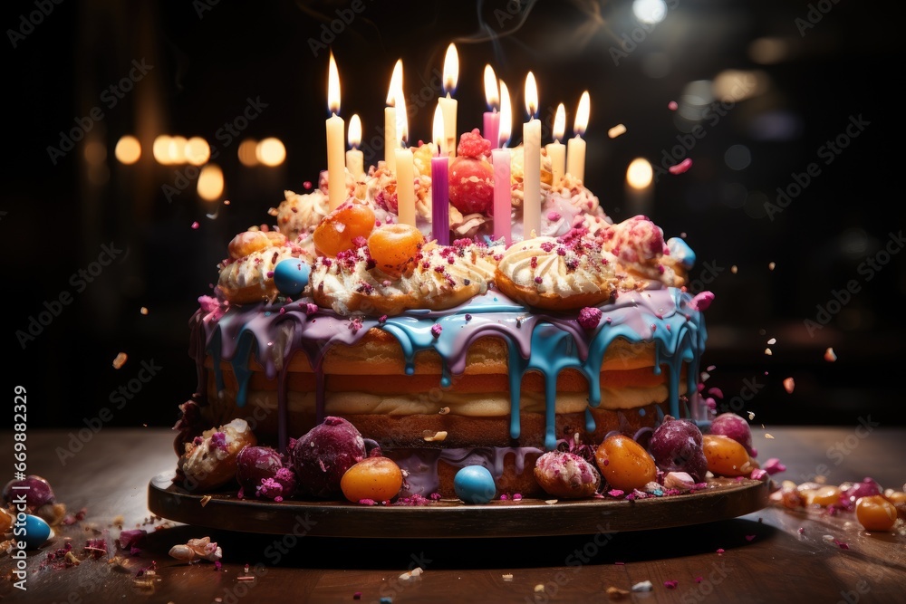 birthday cake with colorful decoration and candles - closeup