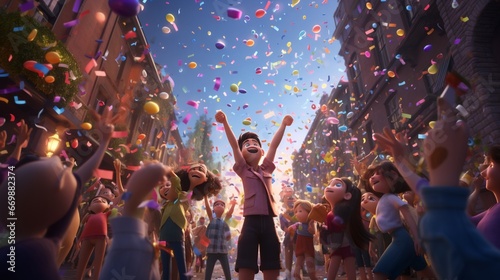 Colorful confetti rains down as animated characters cheer for the start of © rehman