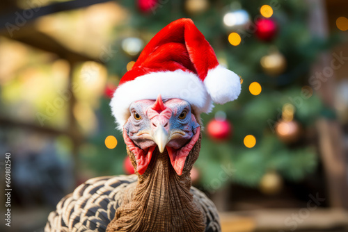 A turkey wearing a christmas santa hat shot against bokeh lights background
