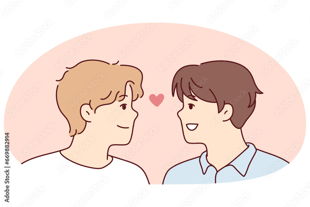 Close-up of gay couple looking in eyes feel in love. Smiling men show care and affection. Homosexual relationship and lgbt. Vector illustration.