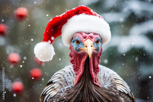 A festive winter turkey wearing a santa hat against a winter landscape photo