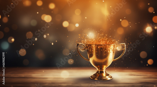 golden shining cup of the winner on red golden background. place for text. copy space