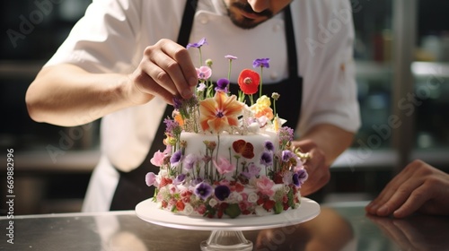 patisserie chef meticulously crafting an elaborate New Year's cake adorned with edible flowers.