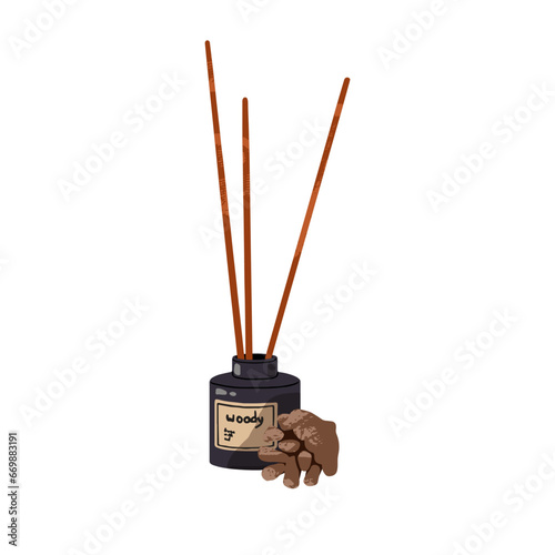 Aroma diffuser with spruce cone. Aromatic stick for interior decoration. Aesthetic bottle with scent for home. Essential oil for homey decor. Flat isolated illustration on white background