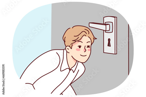 Suspicious young man look in door lock. Smiling guy peep in door hole spy after neighbors at home. Vector illustration.