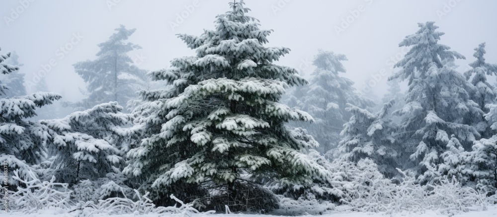 Fototapeta premium Snowy forest scenes of an evergreen tree in Vancouver Delta BC at Burns Bog after a snowstorm
