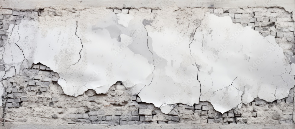 Obraz premium Damaged cement and brick background of an old white and grey wall