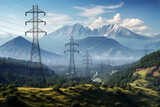 Gigantic high-voltage power lines traverse majestic mountain ranges, transporting electricity across vast distances seamlessly