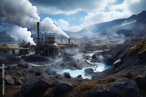 Amidst a rugged landscape, a geothermal plant releases steam, tapping into the earth's natural heat for energy photo