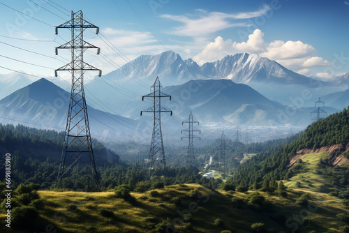 Gigantic high-voltage power lines traverse majestic mountain ranges, transporting electricity across vast distances seamlessly © Davivd