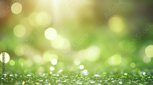 Shiny glow abstract green background. Glitter lights green background