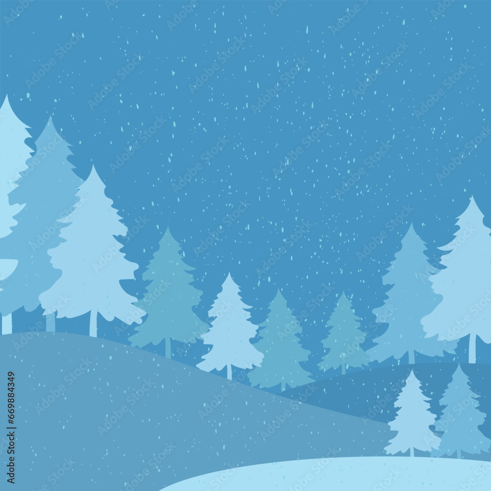Vector winter illustration in cartoon style with blue flowers. Winter landscape, winter background. Snowy weather. Panoramic view.