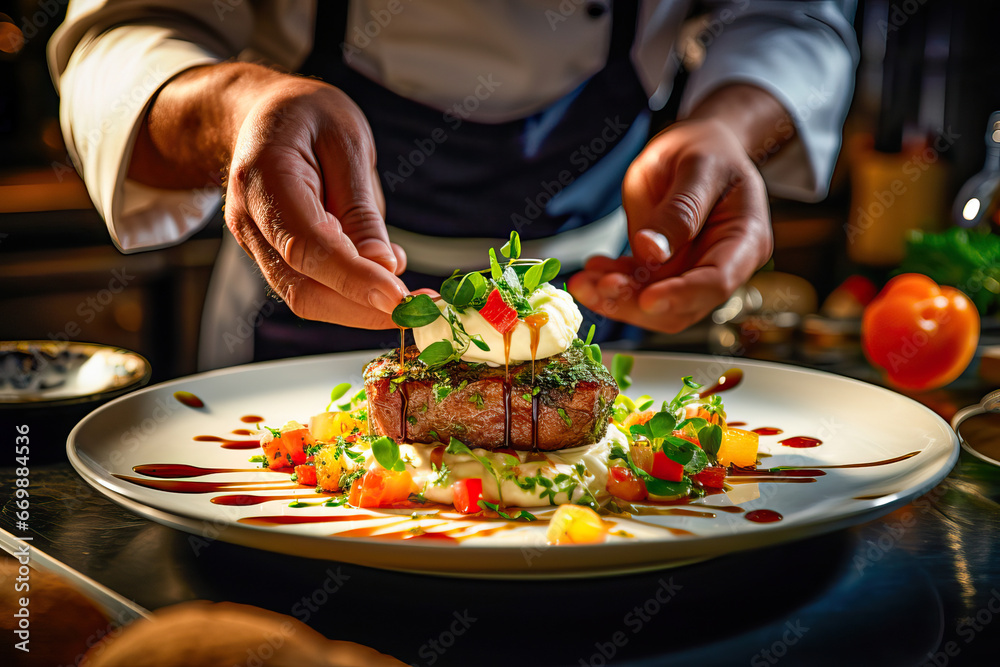 Hands of a haute cuisine chef decorating a meat dish - obrazy, fototapety, plakaty 