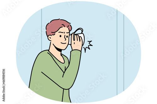 Boy listens to what is happening behind wall with mug near his ear. Guy wants to know secrets, mysteries of his neighbors. Teenager finds out why his parents are arguing. Vector outline illustration.