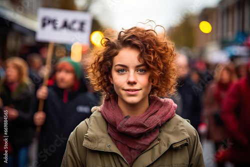 Young female activist at a demonstration for peace and against war photo