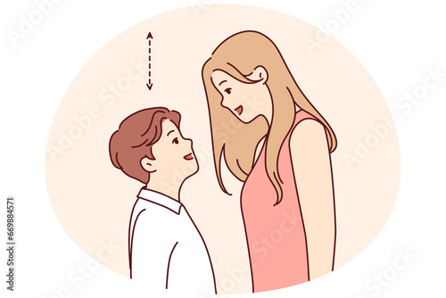 Couple with different height look in eyes. Tall woman and short man contrasting height. Relationship problem concept. Vector illustration.