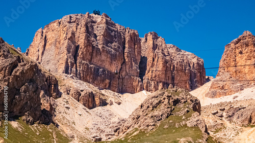 Alpine summer view near Passo Pordoi, Dolomites, Belluno, Trient, Italy