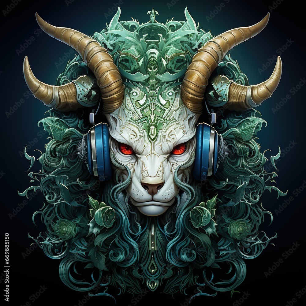 The face of a monster with the face of a goat or a devil with glowing eyes in headphones illuminated by green neon light. Abstract musical background. The face of a monster with the face of a goat or a devil with glowing eyes in headphones illuminated by green neon light. Abstract musical background.