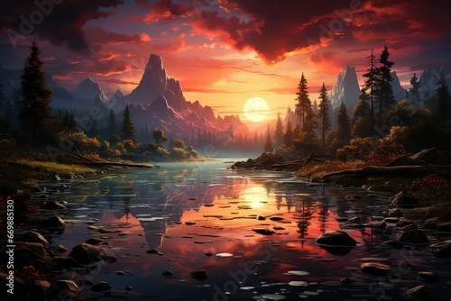 Beautiful sunset in the mountains. A mesmerizing landscape of rainbow colors. Tall trees, river, sky with clouds.