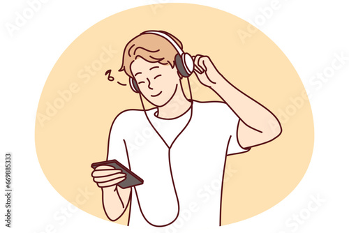 Smiling young man in headphones listen to music on cellphone. Happy millennial guy in earphones enjoy good quality sound on smartphone. Vector illustration.