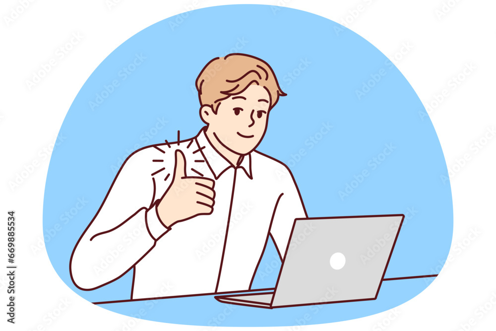 Happy young businessman sit at desk work on laptop show thumb up. Smiling male employee recommend company service. Recommendation. Vector illustration. Happy young businessman sit at desk work on laptop show thumb up. Smiling male employee recommend company service. Recommendation. Vector illustration.