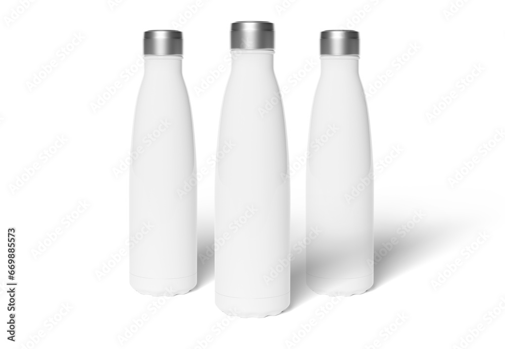 Three metal water bottles mockup on white. Blank sport insulated drink template Three metal water bottles mockup on white. Blank sport insulated drink template
