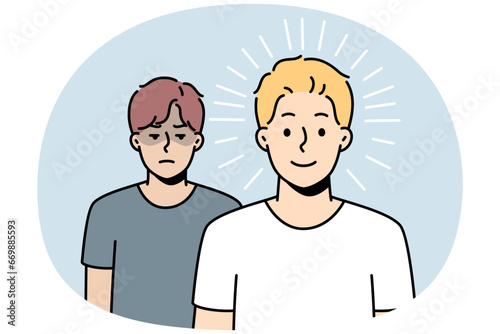 Happy guy stands in front of sad one. Gloomy man is after joyful one. Boy is jealous of success of friend, neighbor, wants to take revenge, harm him. Winner, looser. Vector outline illustration.