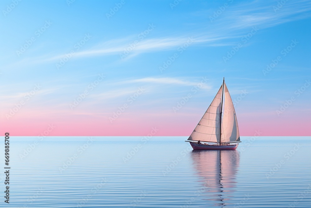 Boat with white sails in a calm blue sea at dawn, sunset. Reflection of a sailboat on the water. Generated by artificial intelligence
