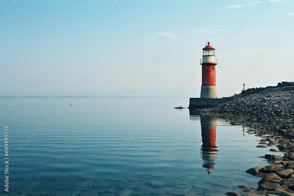 Lighthouse on the seashore, beautiful landscape. Seascape, signal building on the seashore. Coastal landscape with a lighthouse. Generated by artificial intelligence