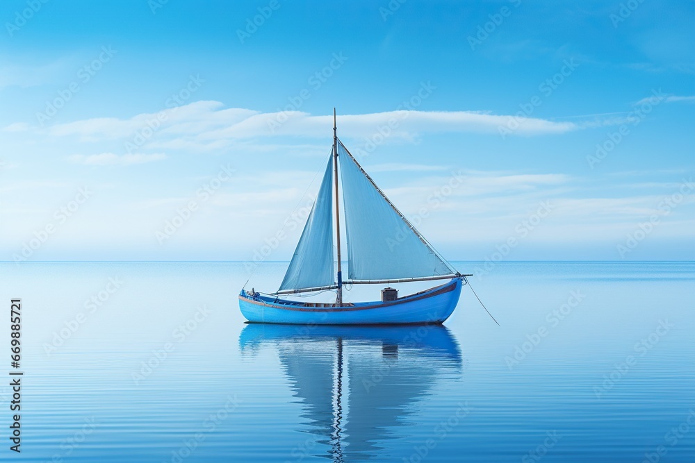 Boat with white sails in a calm blue sea. Reflection of a sailboat on the water. Generated by artificial intelligence