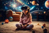Cute little girl wearing virtual reality goggles while sitting on the floor in the room with planets and stars