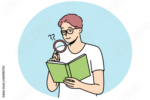 Spectacled young man reading book, studying using magnifying glass. Guy with poor eyesight is trying to view small text in coursebook with loupe. Boy with magnifier. Vector minimalistic modern design.