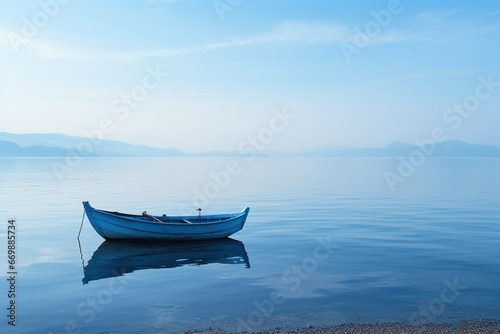 Blue wooden boat in a calm blue sea. Reflection of a boat on the water. Generated by artificial intelligence